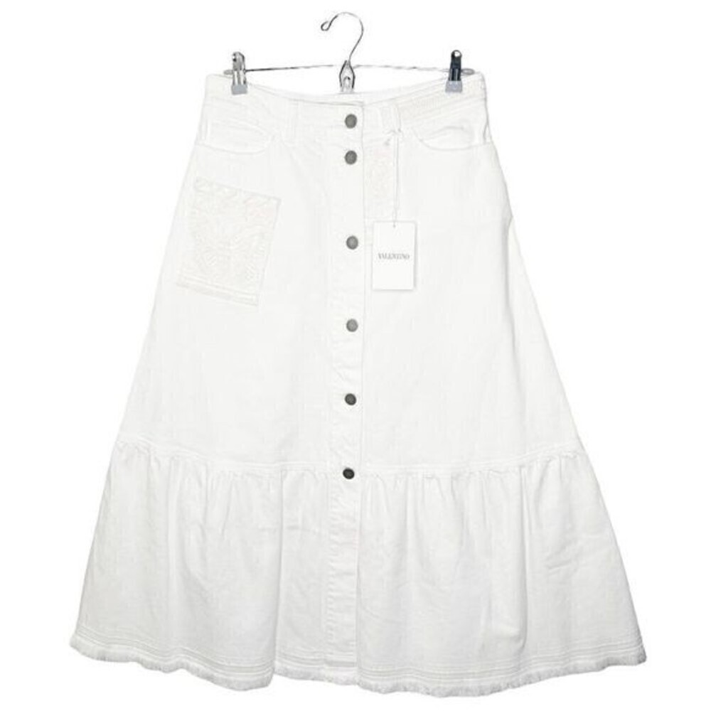 VALENTINO Button Front Denim Ricamato Skirt 